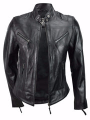 A black leather 'cafe racer' style motorcycle jacket with a mandarin collar, silver metal YKK zips, and multiple pockets.