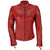 A red leather 'cafe racer' style motorcycle jacket with a mandarin collar, silver metal YKK zips, and multiple pockets.