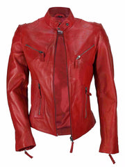 A red leather 'cafe racer' style motorcycle jacket with a mandarin collar, silver metal YKK zips, and multiple pockets.