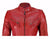 A red leather 'cafe racer' style motorcycle jacket with a mandarin collar, silver metal YKK zips, and multiple pockets.