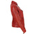 A red leather 'cafe racer' style motorcycle jacket with a mandarin collar, silver metal YKK zips, and multiple pockets.