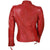 A red leather 'cafe racer' style motorcycle jacket with a mandarin collar, silver metal YKK zips, and multiple pockets.
