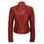 A red leather jacket with fold back lapels, a press stud collar strap, shoulder and upper arm ribbing, silver metal YKK zips, red satin effect lining, zip cuffs, a selection of pockets, custom hardware and buckled waist adjusters.