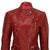 A red leather jacket with fold back lapels, a press stud collar strap, shoulder and upper arm ribbing, silver metal YKK zips, red satin effect lining, zip cuffs, a selection of pockets, custom hardware and buckled waist adjusters.