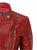 A close up of the shoulder on this red leather jacket with fold back lapels, a press stud collar strap, shoulder and upper arm ribbing, silver metal YKK zips, red satin effect lining, zip cuffs, a selection of pockets, custom hardware and buckled waist adjusters.