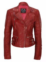 A red leather jacket with fold back lapels, a press stud collar strap, shoulder and upper arm ribbing, silver metal YKK zips, red satin effect lining, zip cuffs, a selection of pockets, custom hardware and buckled waist adjusters.