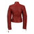 A red leather jacket with fold back lapels, a press stud collar strap, shoulder and upper arm ribbing, silver metal YKK zips, red satin effect lining, zip cuffs, a selection of pockets, custom hardware and buckled waist adjusters.