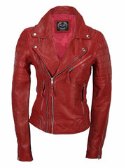 A red leather jacket with fold back lapels, silver metal YKK zips, and zip cuffs, designed with a contoured fit and ribbing on the upper arm.