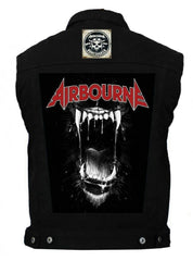 A black denim battlejacket with 'AIRBOURNE' written in red and a black and white dog image on the back.