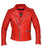 A red leather motorcycle jacket with a standing collar, YKK nickel zips, padded stitching on the shoulders and elbows, nickel buckled side adjusters and zipped cuffs.