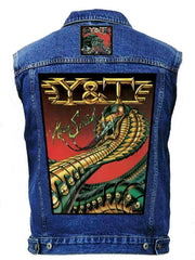 A blue denim battlejacket with a 'Y&T' logo and a multicolored snake on the back.